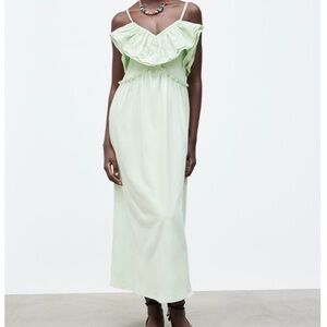 Zara Eyelet Ruffle Maxi Midi Dress Mint Green Size M